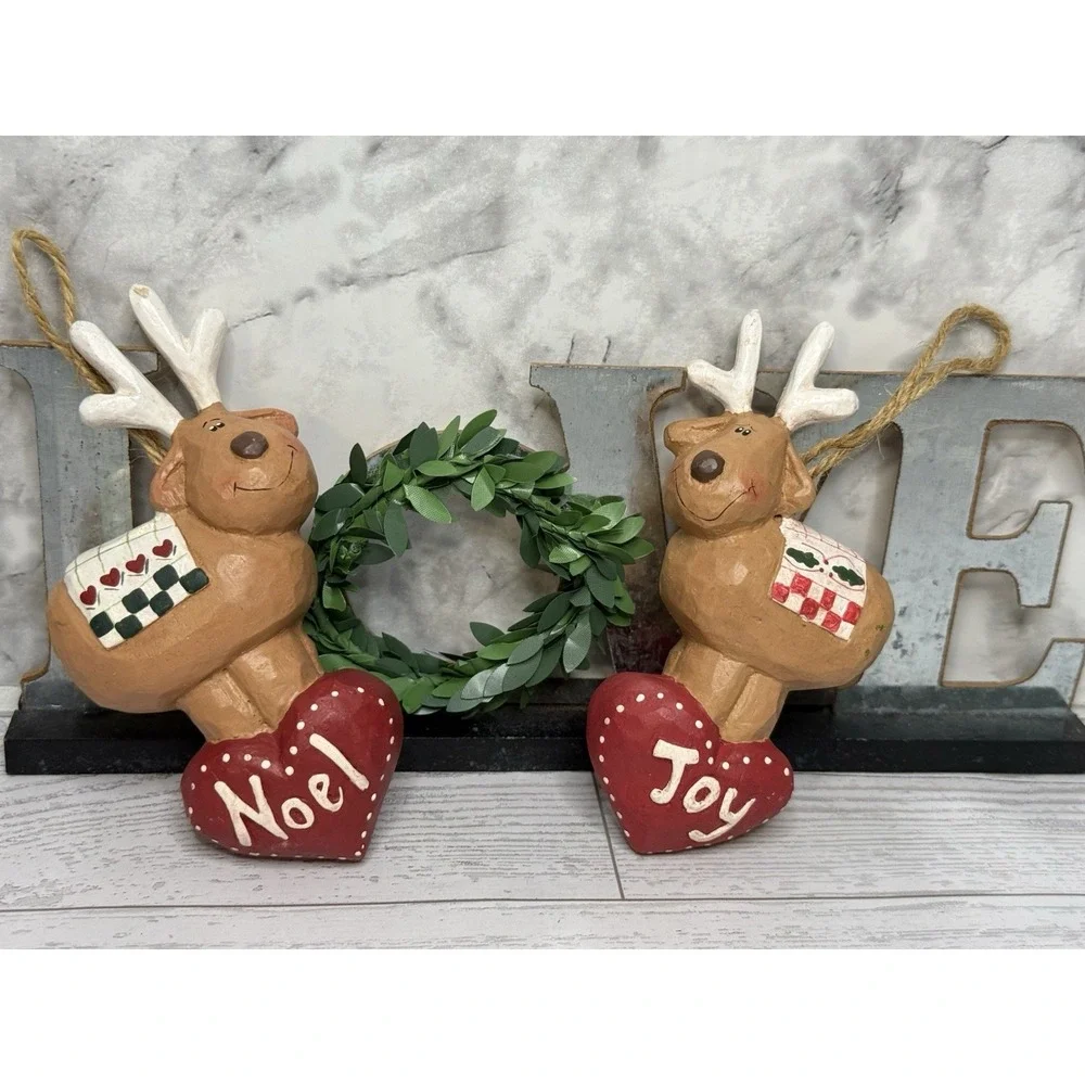 Vintage Midwest Eddie Walker Hanging Ornament Noel and Joy Reindeers Set‎ of Two